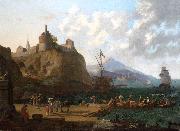 Adriaen Coorte A  mediterranean harbour scene with numerous figures on a que beneath a fort oil on canvas